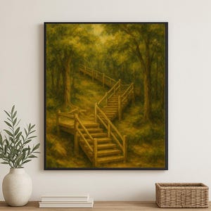 Puede incluir: Una impresión artística enmarcada que representa una escalera de madera que asciende a través de un exuberante bosque verde. La obra de arte presenta una paleta de colores cálidos de verdes y marrones, con la escalera como punto focal. La impresión se exhibe sobre una mesa de madera.