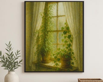 Sunlit Window Houseplant Print – Vintage Cottagecore Wall Art (Digital Download)