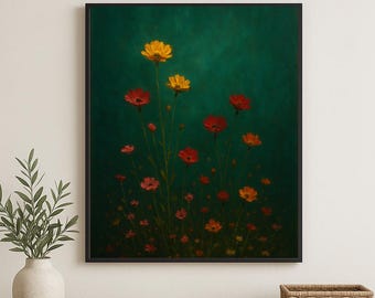 Moody Impressionist Wildflower Oil Painting with Emerald Green Background – Whimsigoth Floral Wall Art Print