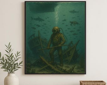 Vintage Navy Diver Print: Mark V Diving Helmet, Shipwreck Scene (Digital Download)