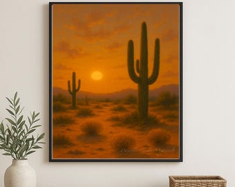 Desert Sunset Cactus Print: Moody Southwestern Landscape Art (Digital Download)