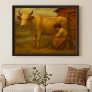 Puede incluir: Pintura enmarcada que representa una vaca y una persona ordeñándola. La vaca es de color marrón claro con cuernos curvados. La persona lleva una camisa amarilla y una falda marrón. También se ven un pequeño taburete de madera y un cubo.