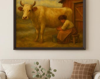 Farmhouse Woman Milking Cow Painting: Rustic Barn Scene (Digital Download)