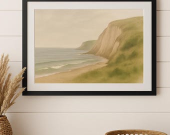Watercolor Seascape Print: Minimalist Coastal Cliff Art (Digital Download)