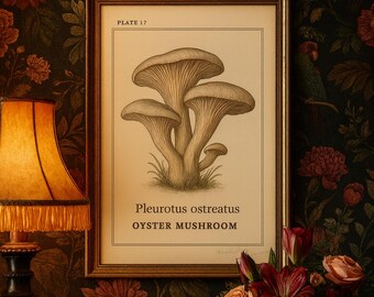 May include: A framed botanical print of oyster mushrooms, labeled "Pleurotus ostreatus," against a dark floral wallpaper background. The print is in a gold frame, and the scene includes a lamp and a vase of flowers.