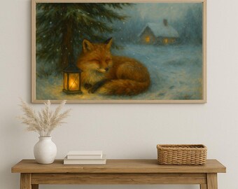 Winter Fox by Lantern Light – Cozy Cottage Snow Scene Painting, Woodland Animal Wall Art, Rustic Christmas Decor, Cottagecore Winter