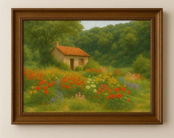 Impressionist Realistic Countryside Cottage Digital Oil Painting – Rustic Landscape Wall Art Print