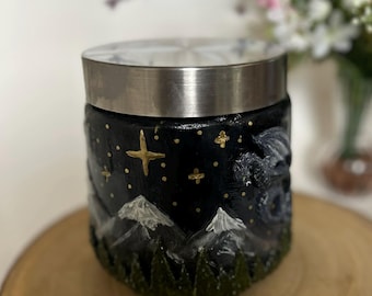 Fantasy Mountain Storage Jar with Dragon Cottagecore Kitchen Canister, Night Sky Woodland Decor