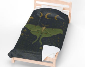 Luna Moth Moon Phases Velveteen Plush Blanket | Botanical Night Sky