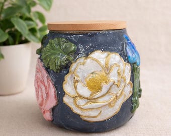 Hand-Painted Floral Apothecary Jar Cottagecore Kitchen Herbal Storage