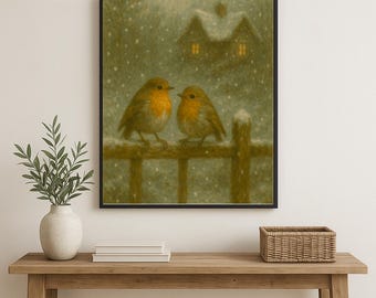 Winter Robins Art Print – Cozy Cottage Snow Scene Painting, Vintage Christmas Bird Wall Art, Rustic Farmhouse Winter Decor, Cottagecore