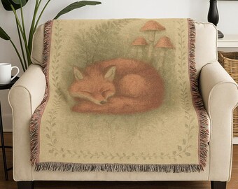Cottagecore Fox Woven Blanket: Rustic Woodland Throw