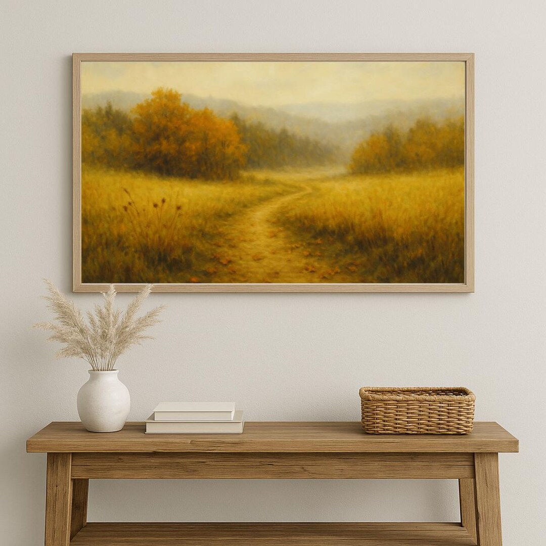 Golden Meadow Path Print – Autumn Field Landscape Painting, Warm Fall ...