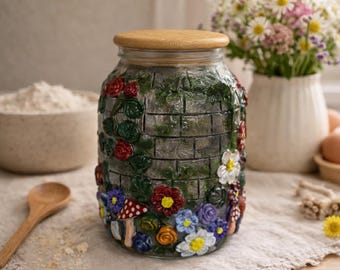 Secret Garden Cottagecore Mason Jar Bamboo Lid Whimsical Floral Storage, Handmade Fairytale Kitchen Decor