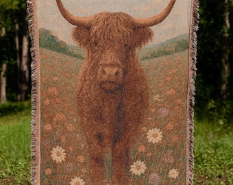 Highland Cow Woven Throw Blanket: Farmhouse Cottagecore Decor