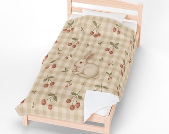 Bunny and Cherries Plush Blanket | Velveteen Plaid Throw