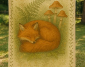 Sleeping Fox Illustration Velveteen Plush Blanket | Woodland Mushrooms, Ferns
