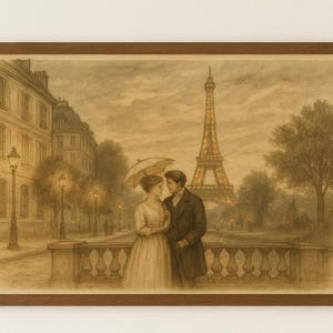 Puede incluir: Impresión enmarcada en tonos sepia de una pareja en París, con la Torre Eiffel al fondo. La obra representa a un hombre y una mujer bajo un paraguas, de pie sobre un puente. Edificios y farolas bordean el fondo.