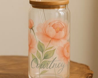 Personalized Floral Glass Tumbler: Bridesmaid Proposal Gift with Bamboo Lid