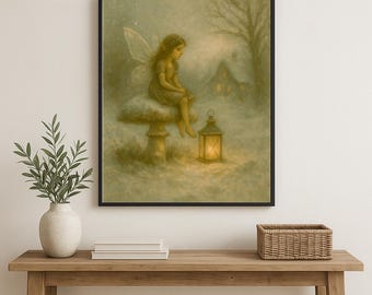 Winter Fairy Art Print – Snowy Cottage, Lantern Light (Digital Download)