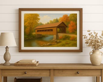 Vintage Covered Bridge Wall Art Rustic Autumn Landscape Printable Natural Scenic Farmhouse Decor