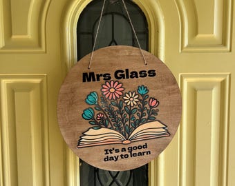 Personalized Teacher Sign: Floral Classroom Door Decor, 12" Wooden Gift