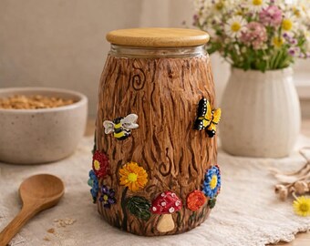 Woodland Cottagecore Mason Jar with Bamboo Lid Whimsical Forest Decor Bees, Butterfly & Mushrooms