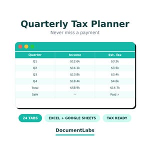 May include: A digital Quarterly Tax Planner spreadsheet interface with a table showing Q1-Q4 income and estimated tax figures. The design includes red, yellow, and green window buttons, 24 tabs, Excel and Google Sheets compatibility, and DocumentLabs branding.