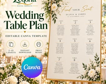 May include: An editable wedding table plan template featuring the text Find Your Seat, Olivia & James, and 14 September 2024. The design includes lists for eight tables, white floral accents, and icons for 2-15 layouts, instant download, and print ready.
