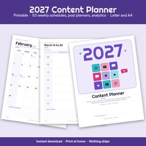Druckbarer Contentplaner 2027, Social-Media-Redaktionskalender mit Wochenplänen, Postplaner und Analyse-Tracker, PDF im Letter- und A4-Format