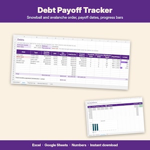 May include: A digital debt payoff tracker spreadsheet template featuring a purple header with the text Debt Payoff Tracker. The interface displays columns for debt type, starting balance, APR, minimum payment, and payoff dates with progress bars.