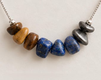 Ädelstenshalsband i 5 stilar, citrin, lapis lazuli, ametist, akvamarin eller tigeröga, elegant justerbar silverkedja
