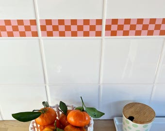 Peel and Stick Tile Border – Set of 12 – Checkerboard Terracotta Pink – Bathroom Kitchen – Dopamine Decor