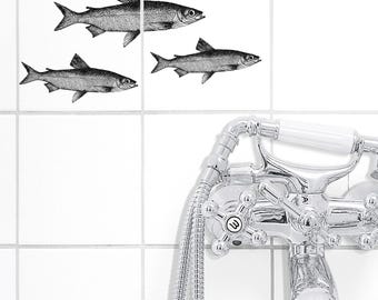 Vintage Fish Tile Stickers – Sprat Shoal Engraving – Set of 2 – Peel & Stick – Waterproof – Bathroom Kitchen – Made in Germany