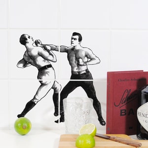 Fliesenaufkleber BOX GYM – Boxer Illustration – 4er Set – selbstklebend wasserfest – Bad Küche Bar Deko – Vintage Boxing Tile Stickers