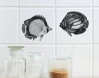 Pegatinas para azulejos - JOHNNY & JUNE - Pez mariposa - Ilustración en blanco y negro - Juego de 2 - Autoadhesivas, impermeables