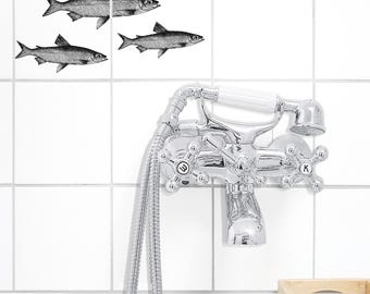 Pegatinas para azulejos SPRUTS – Sprats en grabado en cobre – Juego de 2 – autoadhesivas, impermeables – baño, cocina – Pegatinas de azulejos de peces vintage