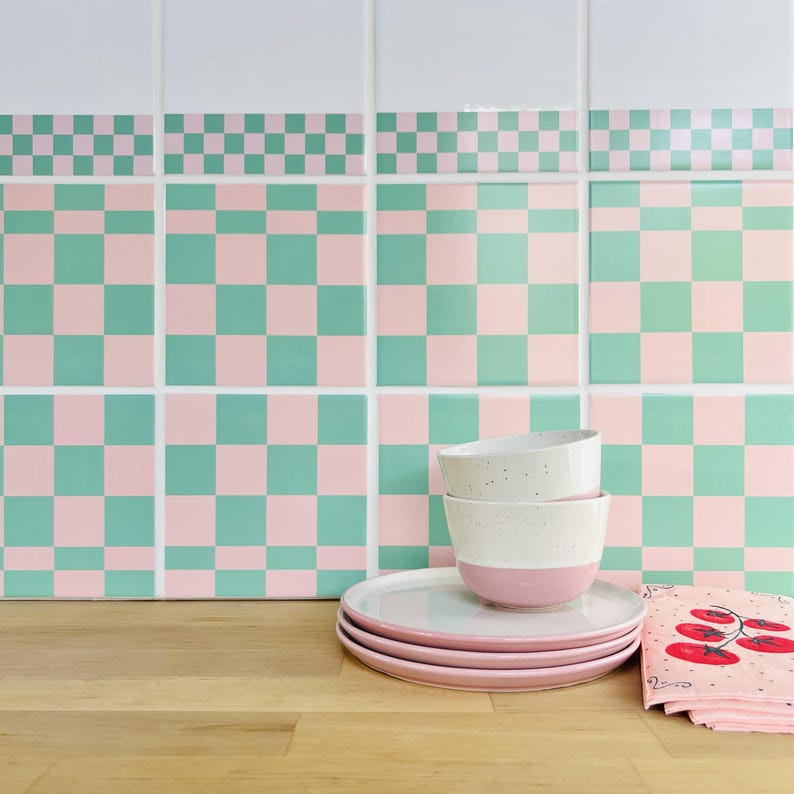 Peel and Stick Tile Border – Set of 12 – Checkerboard Mint Green Pink – Bathroom Kitchen – Dopamine Decor – Made in Germany image 9