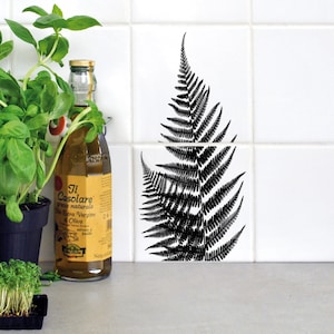 May include: Black and white fern silhouette printed on white ceramic tiles. The tiles are in a kitchen setting with a bottle of olive oil and a potted plant in the foreground.