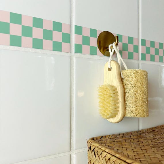 Fliesenaufkleber Bordüre 12er Set – Schachbrett Mint Rosa – selbstklebend wasserfest – Checkerboard Tiles – Chess-Border 08