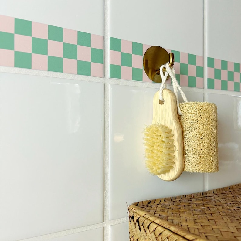 Peel and Stick Tile Border – Set of 12 – Checkerboard Mint Green Pink – Bathroom Kitchen – Dopamine Decor – Made in Germany image 1