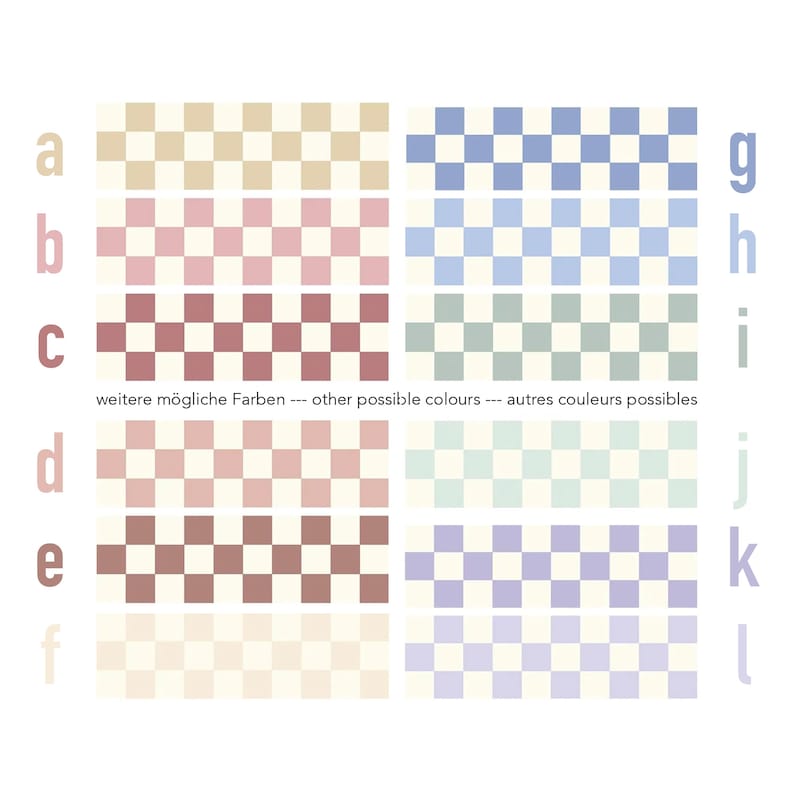 May include: A grid of color swatches in a checkerboard pattern. The swatches include shades of beige, pink, red, blue, green, and purple. Text in German, English, and French reads "other possible colors."