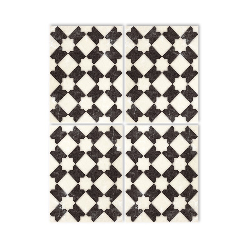 May include: Four black and white patterned square tiles with a geometric design. The tiles have a distressed, vintage look.