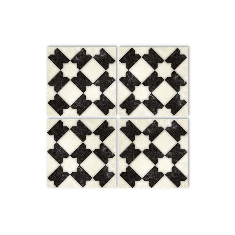 May include: Four black and white square ceramic tiles with a geometric pattern. The tiles have a distressed, vintage look.