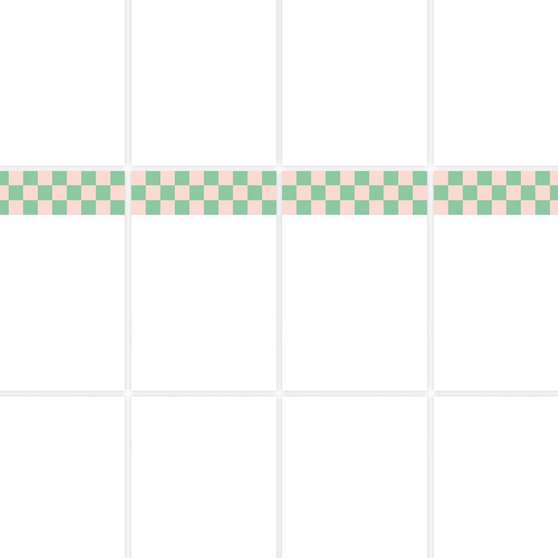 May include: A grid of white squares with a decorative border of alternating pink and green checkered pattern. The design is simple and clean, suitable for various creative projects.