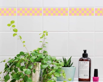Fliesenbordüre Chess-Border 10 – 12er Set – Schachbrett Gelb Pink – selbstklebend wasserfest – Küche Bad