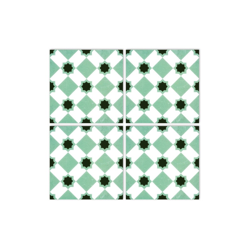 May include: Four square ceramic tiles with a repeating pattern of black stars on a white and green checkered background.