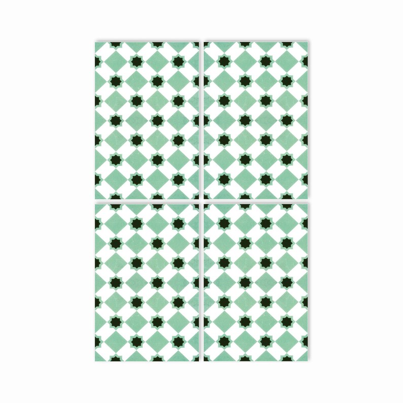 May include: Four square ceramic tiles with a repeating pattern of black eight-pointed stars on a light green and white diamond background.