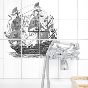 Sailing Ship Tile Sticker STÖRTEBEKER – Engraving Illustration – Set of 9 – Peel & Stick – Waterproof – Bathroom Kitchen