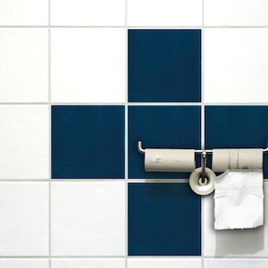Puede incluir: Un rollo de papel higiénico blanco está montado en un soporte plateado contra una pared de azulejos blancos con azulejos de acento azul.
